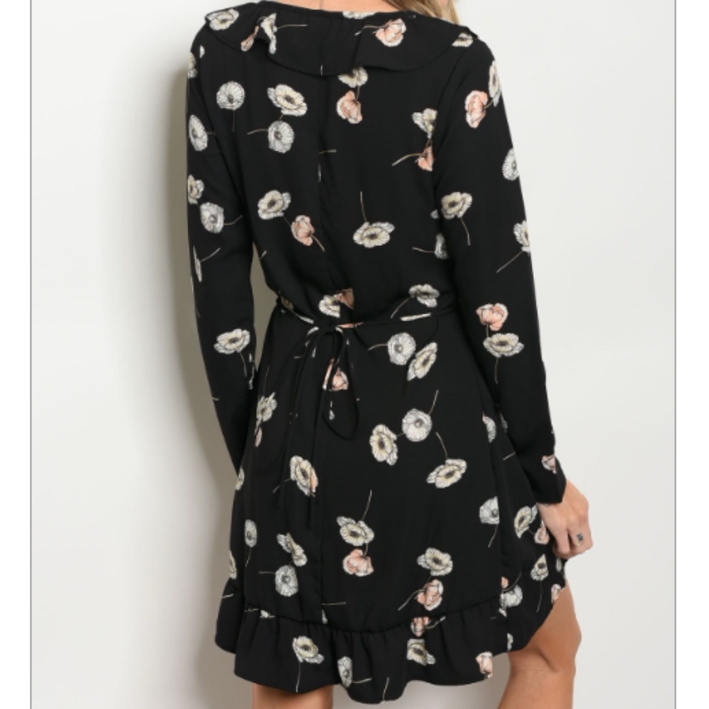 Black Floral Print Ruffle Detail Wrap Dress - Picture 2 of 2